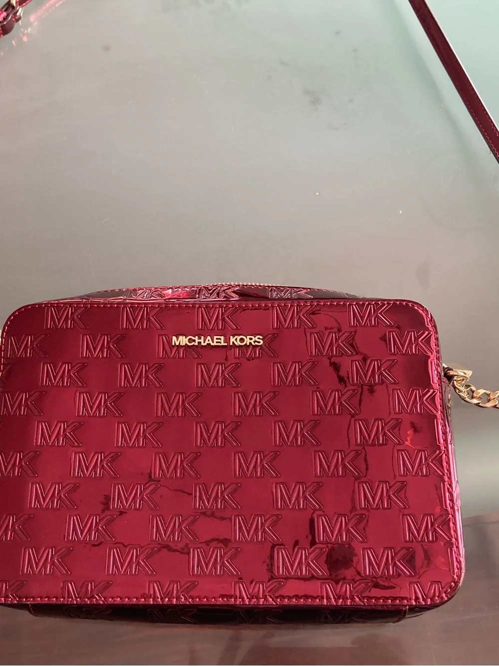 Michael Kors Red Patent Embossed MK Crossbody with Gold Chain